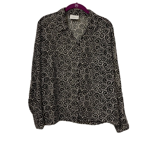 Liz Claiborne Black Sheer Blouse w White Swirl pattern - PL Large - Picture 1 of 12